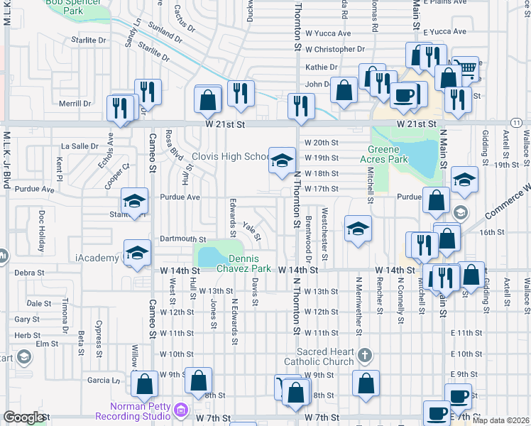 map of restaurants, bars, coffee shops, grocery stores, and more near 912 Harvard Street in Clovis