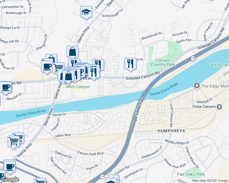 map of restaurants, bars, coffee shops, grocery stores, and more near 27616 Nugget Drive in Santa Clarita