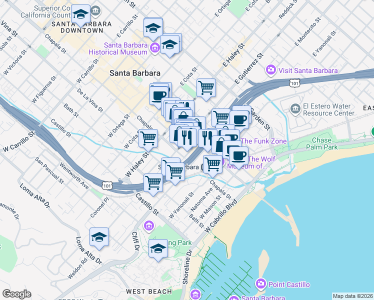 map of restaurants, bars, coffee shops, grocery stores, and more near 28 Parker Way in Santa Barbara