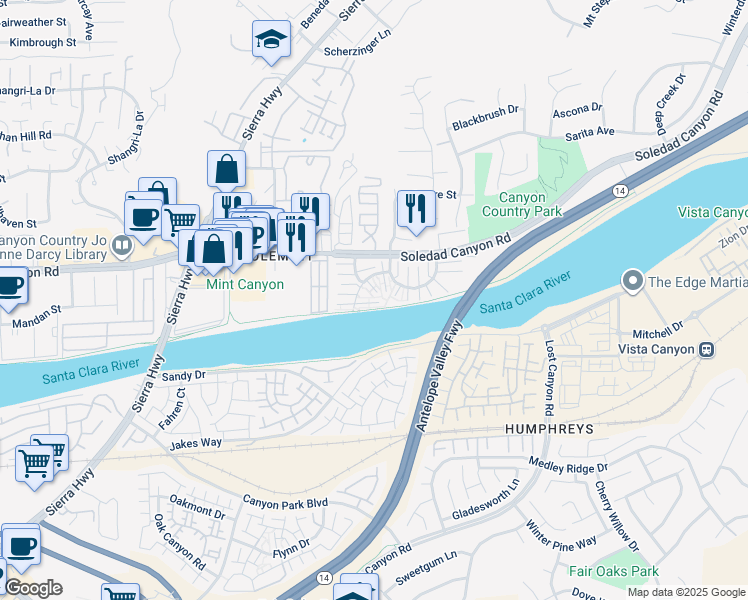 map of restaurants, bars, coffee shops, grocery stores, and more near 27614 Nugget Drive in Santa Clarita