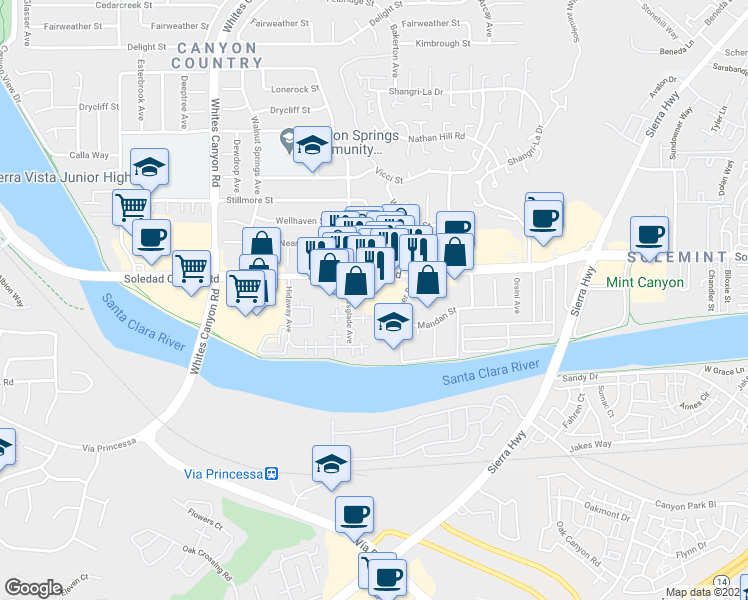 map of restaurants, bars, coffee shops, grocery stores, and more near 27120 Crossglade Avenue in Santa Clarita