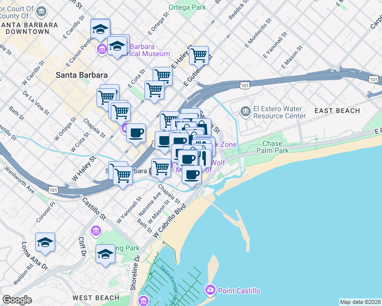 map of restaurants, bars, coffee shops, grocery stores, and more near 110 Anacapa Street in Santa Barbara