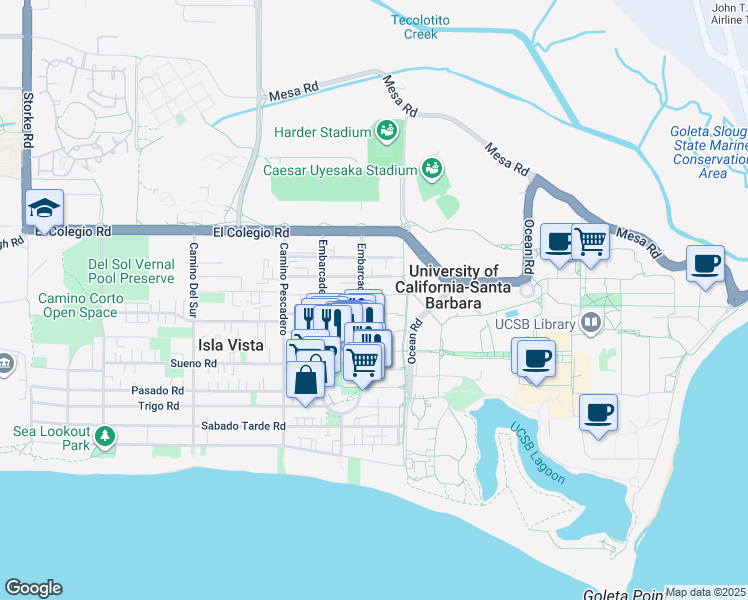 map of restaurants, bars, coffee shops, grocery stores, and more near 6525 Picasso Road in Goleta