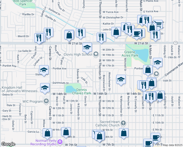 map of restaurants, bars, coffee shops, grocery stores, and more near 1513 North Reid Street in Clovis