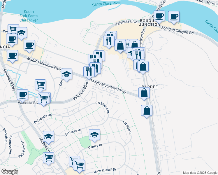 map of restaurants, bars, coffee shops, grocery stores, and more near 23502 Magic Mountain Parkway in Santa Clarita