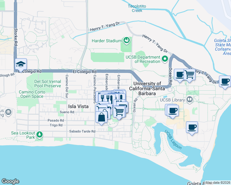 map of restaurants, bars, coffee shops, grocery stores, and more near 6548 Segovia Road in Goleta