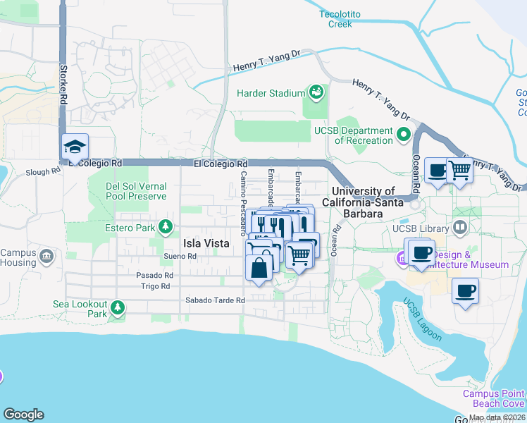 map of restaurants, bars, coffee shops, grocery stores, and more near 833 Embarcadero del Mar in Goleta