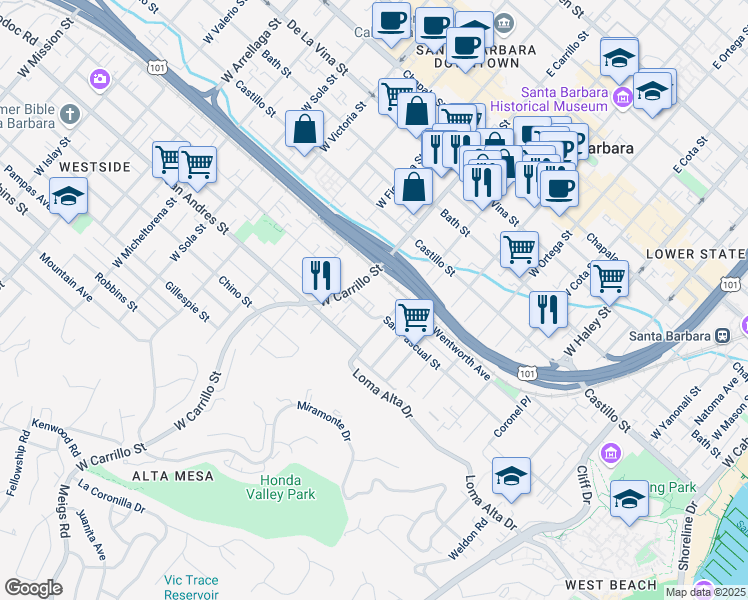 map of restaurants, bars, coffee shops, grocery stores, and more near 524 West Canon Perdido Street in Santa Barbara