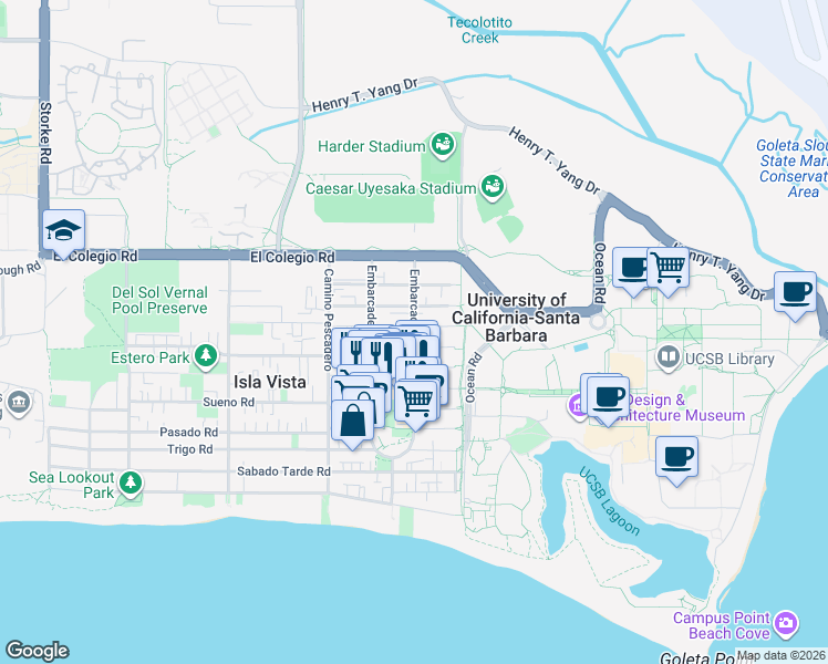 map of restaurants, bars, coffee shops, grocery stores, and more near 6548 Segovia Road in Goleta