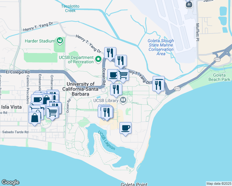 map of restaurants, bars, coffee shops, grocery stores, and more near 552 University Road in Santa Barbara