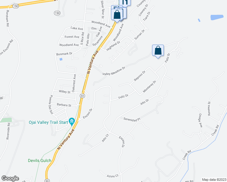 map of restaurants, bars, coffee shops, grocery stores, and more near 335 Encino Drive in Oak View