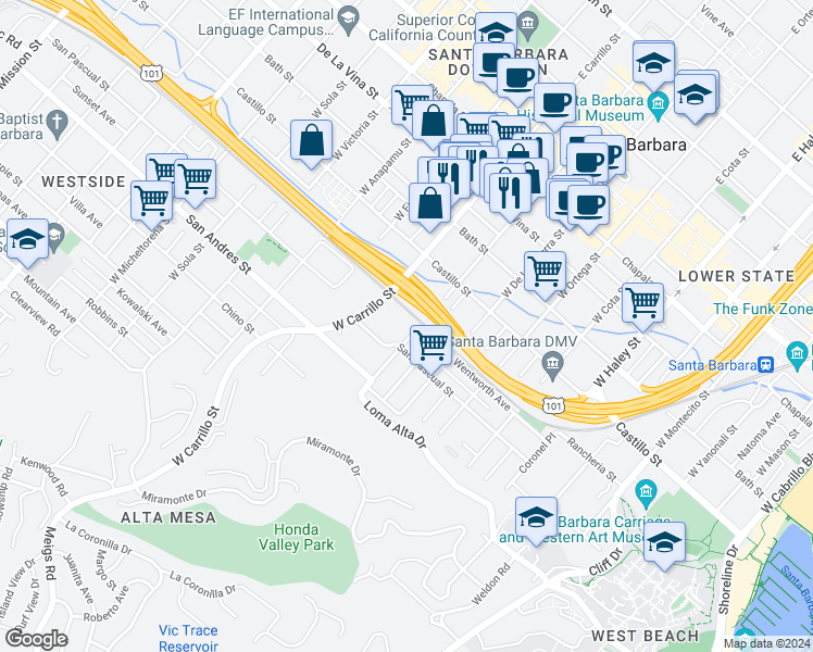 map of restaurants, bars, coffee shops, grocery stores, and more near 522 West Canon Perdido Street in Santa Barbara