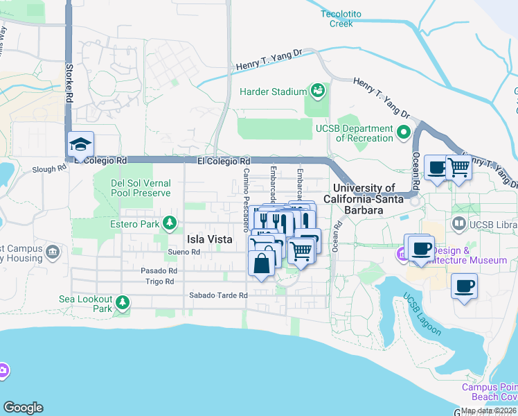 map of restaurants, bars, coffee shops, grocery stores, and more near 6587 Picasso Road in Isla Vista