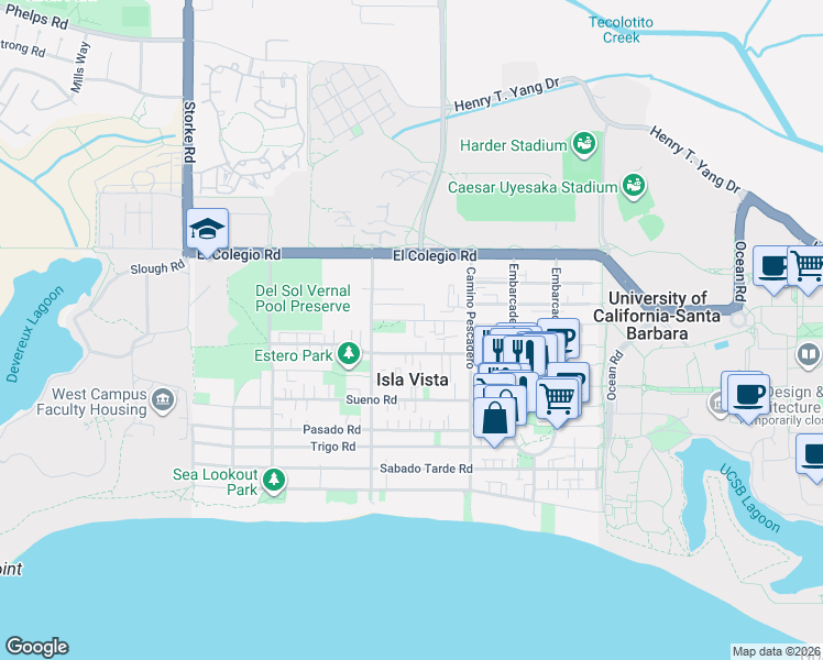 map of restaurants, bars, coffee shops, grocery stores, and more near 6667 Picasso Road in Goleta