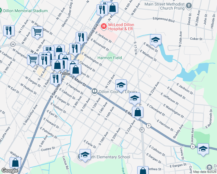 map of restaurants, bars, coffee shops, grocery stores, and more near 700 East Harrison Street in Dillon