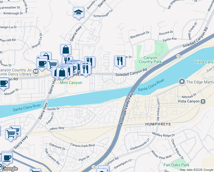 map of restaurants, bars, coffee shops, grocery stores, and more near 27610 Nugget Drive in Santa Clarita