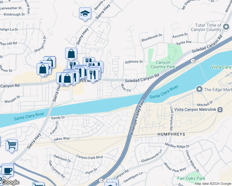 map of restaurants, bars, coffee shops, grocery stores, and more near 27614 Nugget Drive in Santa Clarita
