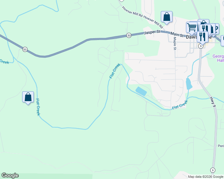 map of restaurants, bars, coffee shops, grocery stores, and more near 361 Flowing Trail in Dawsonville