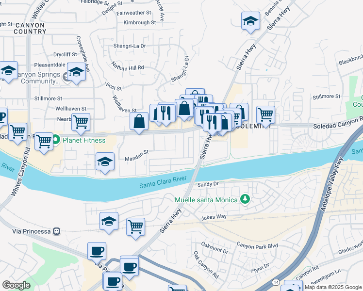 map of restaurants, bars, coffee shops, grocery stores, and more near 18540 Soledad Canyon Road in Santa Clarita