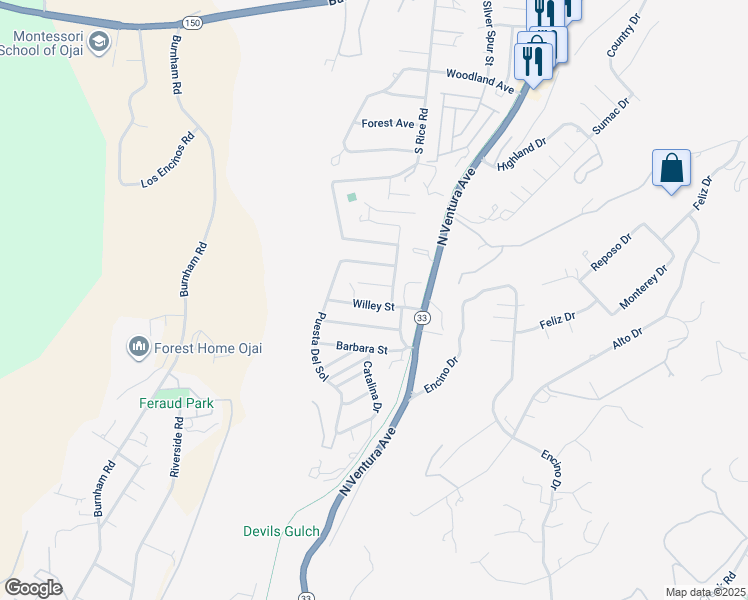map of restaurants, bars, coffee shops, grocery stores, and more near 89 Willey Street in Ojai