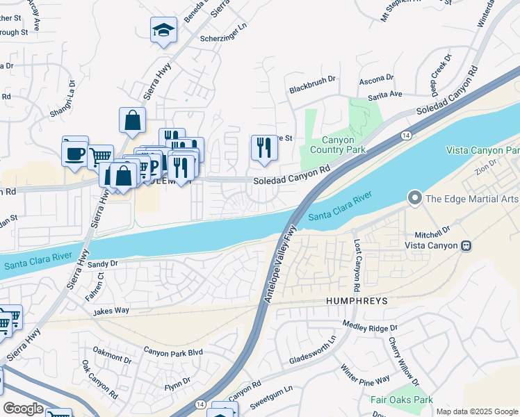 map of restaurants, bars, coffee shops, grocery stores, and more near 18004 River Circle in Santa Clarita