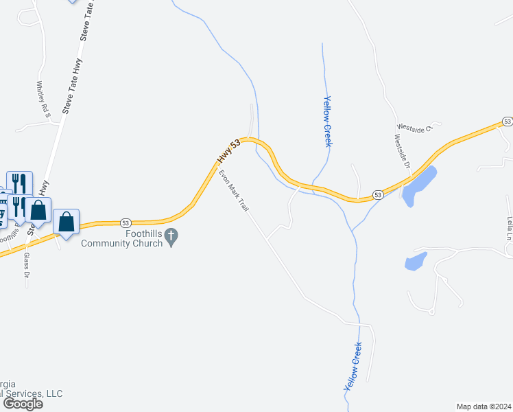 map of restaurants, bars, coffee shops, grocery stores, and more near 167 Fox Run Court in Dawsonville