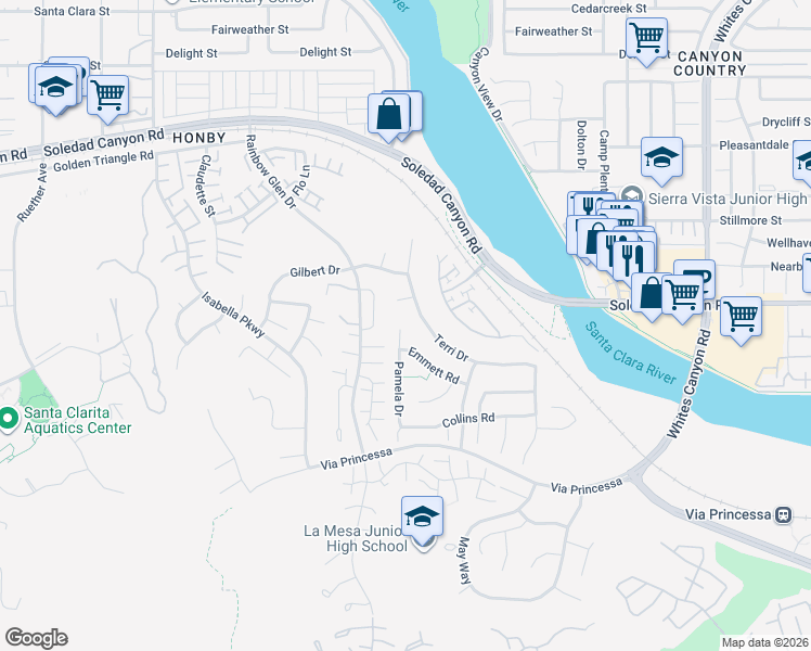 map of restaurants, bars, coffee shops, grocery stores, and more near 26822 Pamela Drive in Santa Clarita