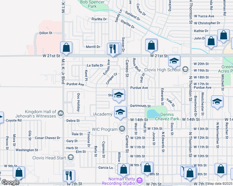map of restaurants, bars, coffee shops, grocery stores, and more near 811 Stanton Place in Clovis