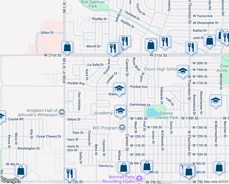 map of restaurants, bars, coffee shops, grocery stores, and more near 811 Stanton Place in Clovis