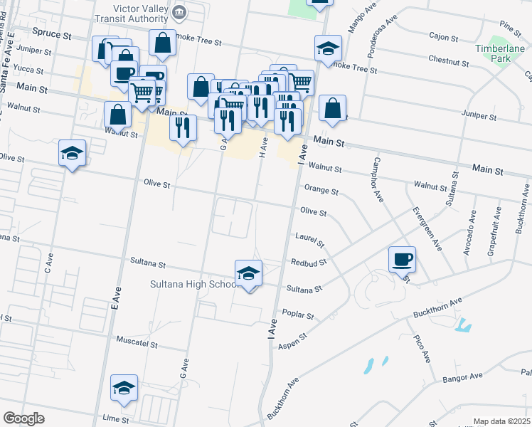 map of restaurants, bars, coffee shops, grocery stores, and more near 8892 I Avenue in Hesperia