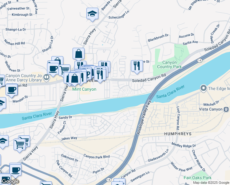map of restaurants, bars, coffee shops, grocery stores, and more near 27605 Nugget Drive in Santa Clarita