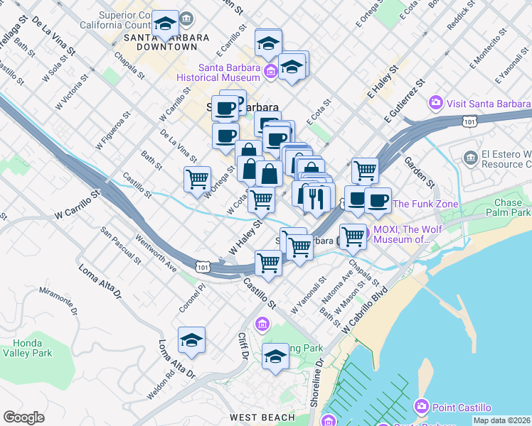 map of restaurants, bars, coffee shops, grocery stores, and more near 422 De La Vina Street in Santa Barbara