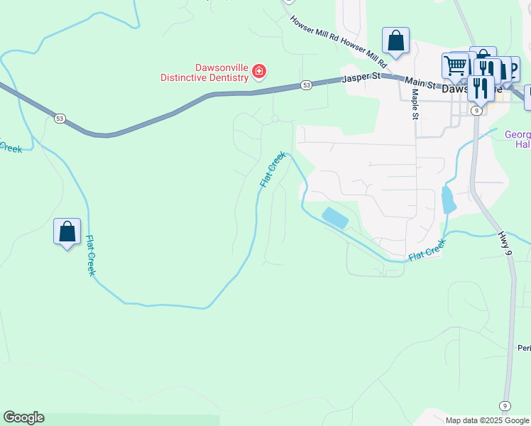 map of restaurants, bars, coffee shops, grocery stores, and more near 406 Brookstone Trail in Dawsonville