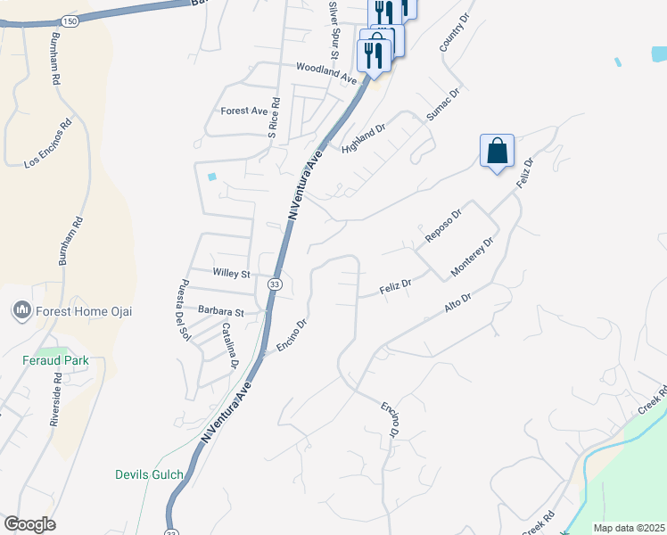 map of restaurants, bars, coffee shops, grocery stores, and more near 280 Encino Drive in Oak View