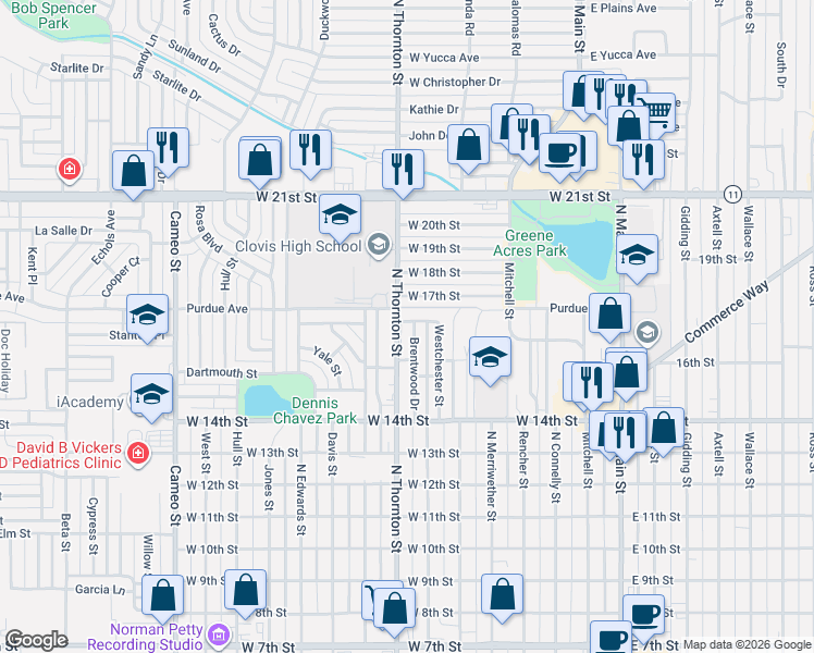 map of restaurants, bars, coffee shops, grocery stores, and more near 1520 Brentwood Drive in Clovis