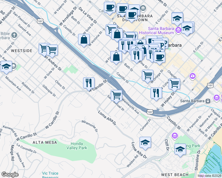map of restaurants, bars, coffee shops, grocery stores, and more near 518 West Canon Perdido Street in Santa Barbara