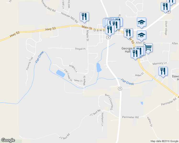 map of restaurants, bars, coffee shops, grocery stores, and more near 41 Pearl's Way in Dawsonville