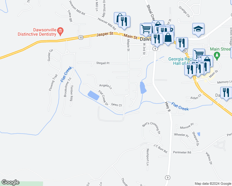 map of restaurants, bars, coffee shops, grocery stores, and more near 130 Angela Lane in Dawsonville