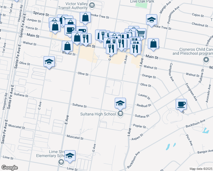 map of restaurants, bars, coffee shops, grocery stores, and more near 9051 G Avenue in Hesperia