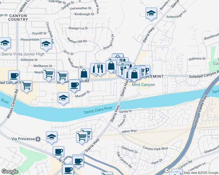 map of restaurants, bars, coffee shops, grocery stores, and more near 18540 Soledad Canyon Road in Santa Clarita