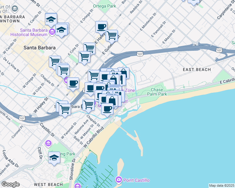 map of restaurants, bars, coffee shops, grocery stores, and more near 5 Santa Barbara Street in Santa Barbara