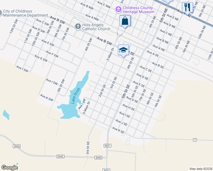 map of restaurants, bars, coffee shops, grocery stores, and more near 301-399 Ave G Southeast in Childress