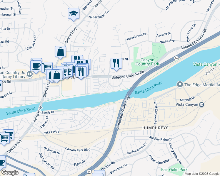 map of restaurants, bars, coffee shops, grocery stores, and more near 18016 River Circle in Santa Clarita