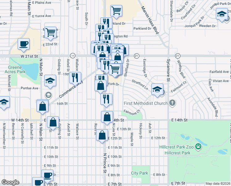 map of restaurants, bars, coffee shops, grocery stores, and more near 1604 North Lea Street in Clovis