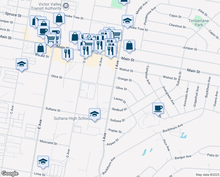 map of restaurants, bars, coffee shops, grocery stores, and more near 8892 I Avenue in Hesperia