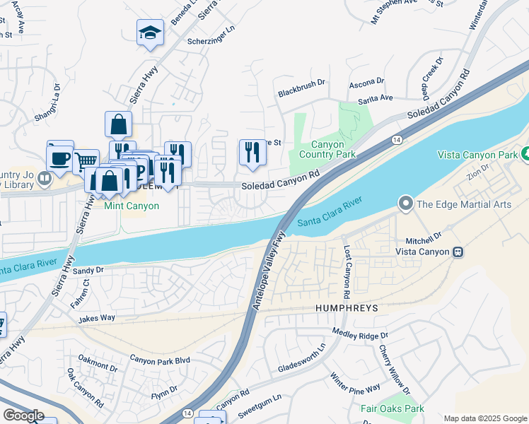 map of restaurants, bars, coffee shops, grocery stores, and more near 18004 River Circle in Santa Clarita