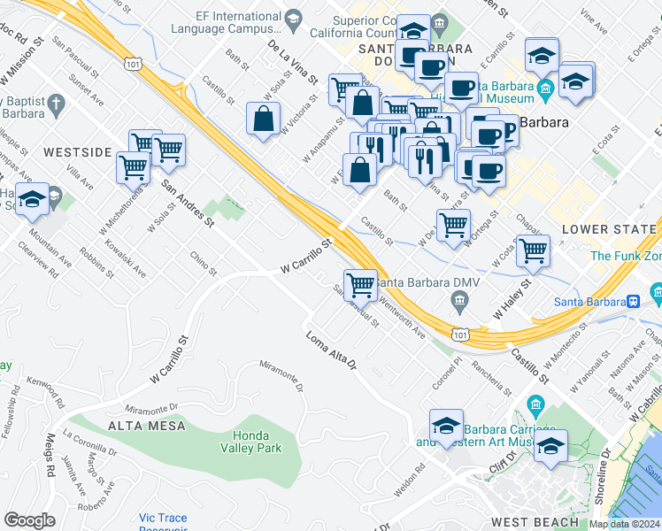 map of restaurants, bars, coffee shops, grocery stores, and more near 904 San Pascual Street in Santa Barbara