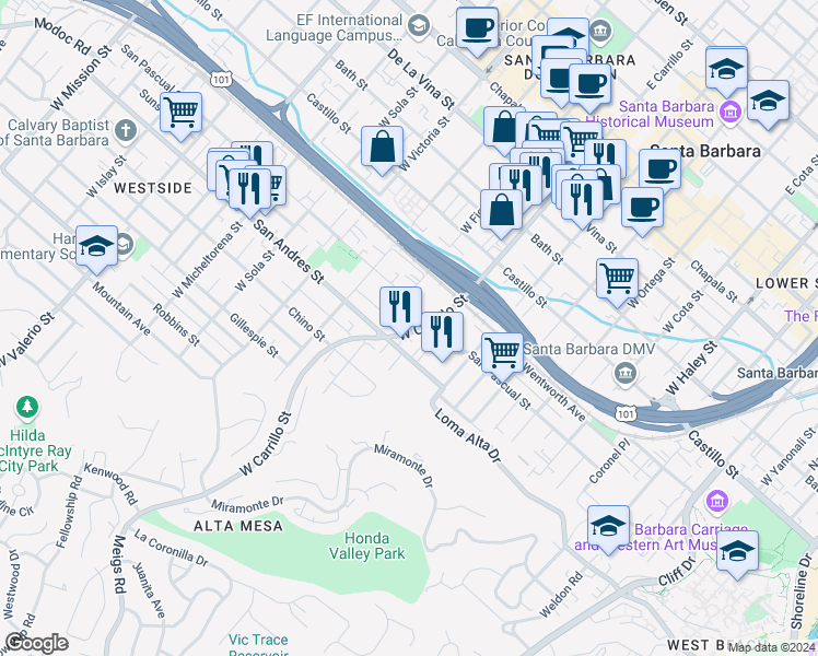 map of restaurants, bars, coffee shops, grocery stores, and more near 1021 San Andres Street in Santa Barbara