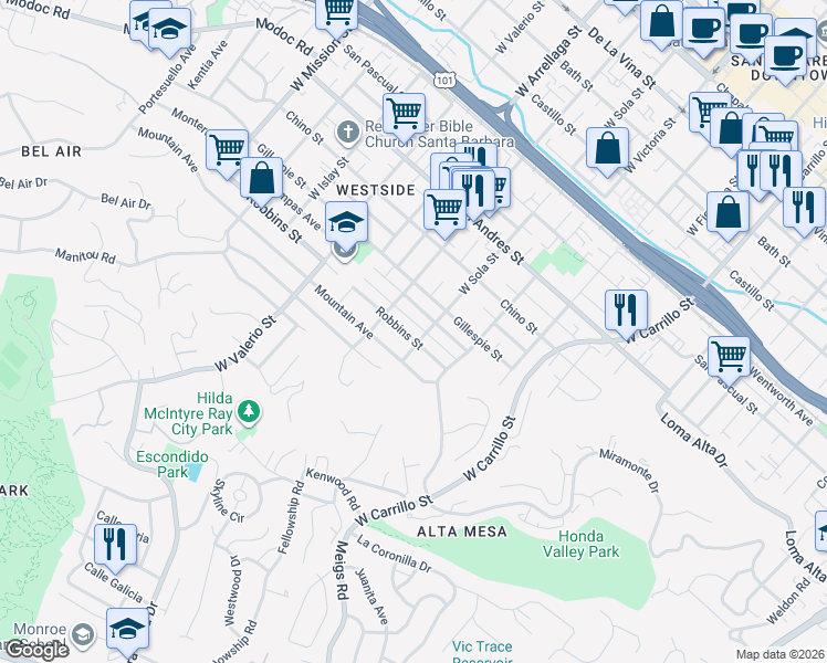 map of restaurants, bars, coffee shops, grocery stores, and more near 1326 Robbins Street in Santa Barbara