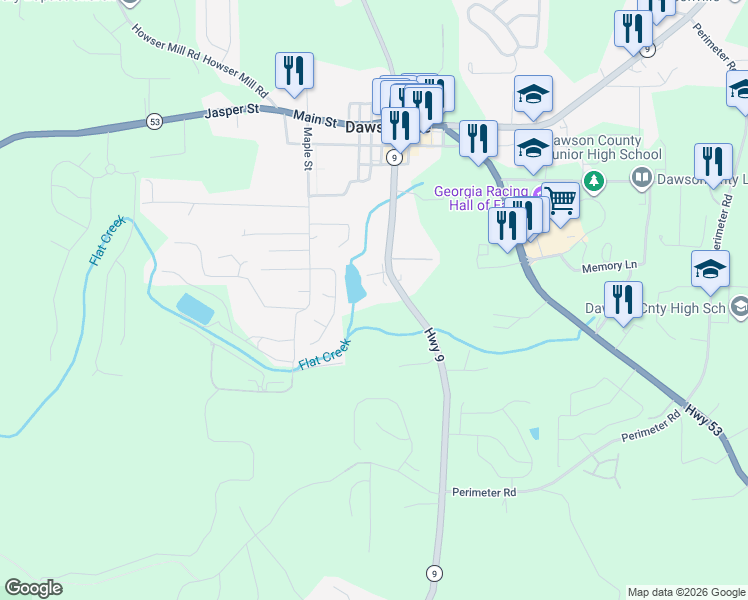 map of restaurants, bars, coffee shops, grocery stores, and more near 68 Dan Roper Lane in Dawsonville